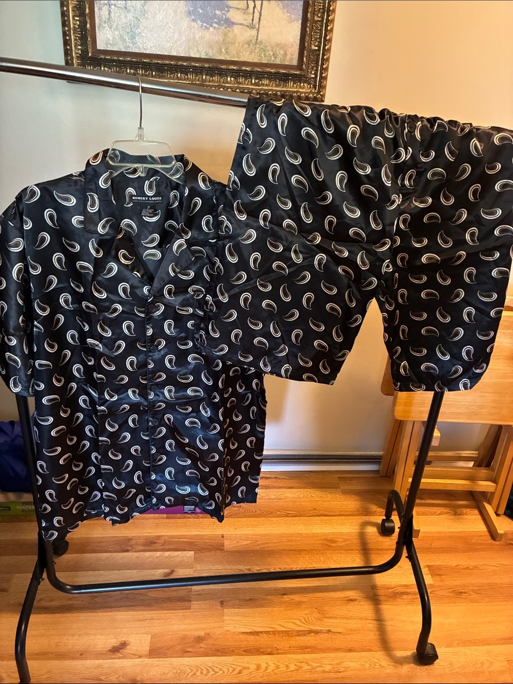 Robert Louis Black Satin Pajama Set with White Paisley